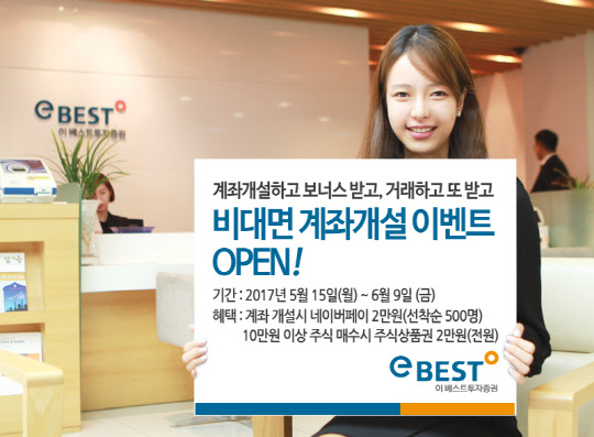 이베스트투자증권 모델이 15일부터 신규고객을 대상으로 실시하는 비대면 계좌개설 이벤트를 소개하고 있다. 이베스트투자증권 제공.